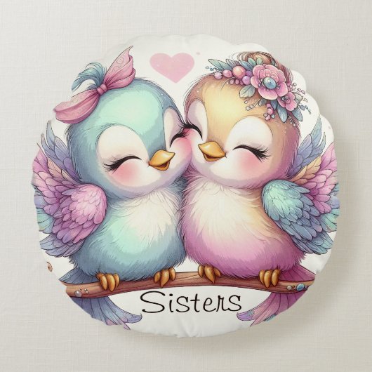 Sweet Bird Sisters Schattig Girly Pink Pastel Love Rond Kussen (Voorkant)