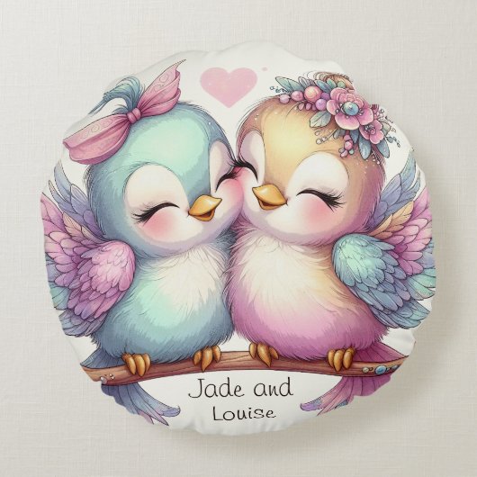 Sweet Bird Sisters Schattig Girly Pink Pastel Love Rond Kussen (Achterkant)