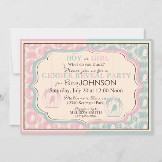 Sweet Birdcage Damask Print Gender onthulling Kaart (Achterkant)