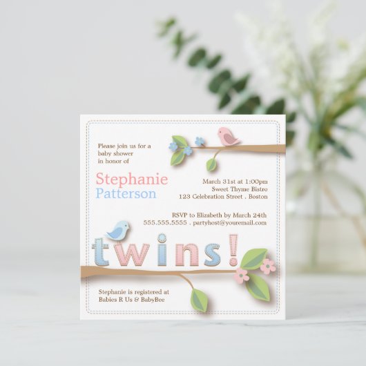 Sweet Birdie Twin Boy Girl Baby shower Kaart (Staand voorkant)