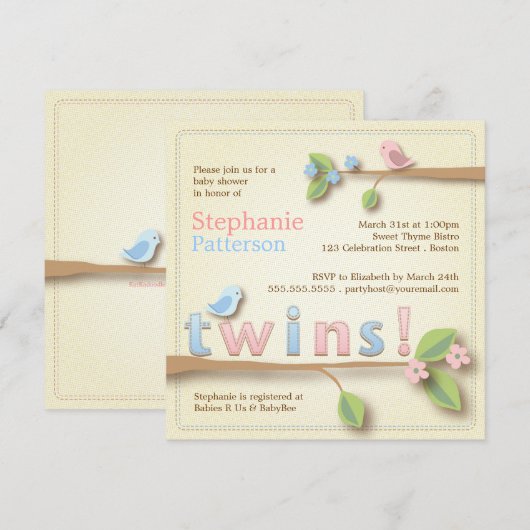 Sweet Birdie Twin Boy Girl Baby shower Kaart (Voorkant / Achterkant)