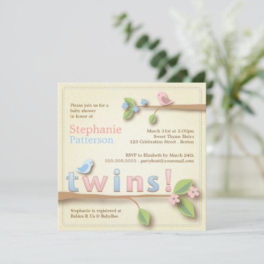 Sweet Birdie Twin Boy Girl Baby shower Kaart (Staand voorkant)