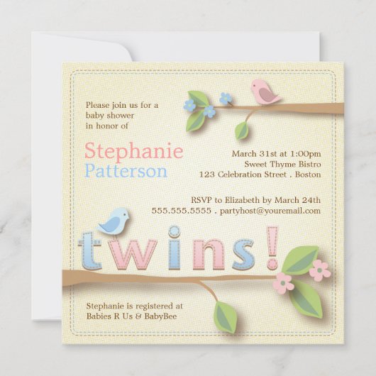 Sweet Birdie Twin Boy Girl Baby shower Kaart (Voorkant)