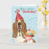 Sweet Birthday Basset Hound Kaart (Gele Bloem)