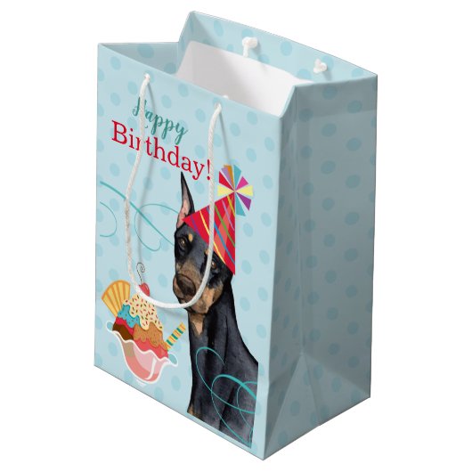 Sweet Birthday Doberman Medium Gift Bag Medium Cadeauzakje (Achterkant Gekanteld)