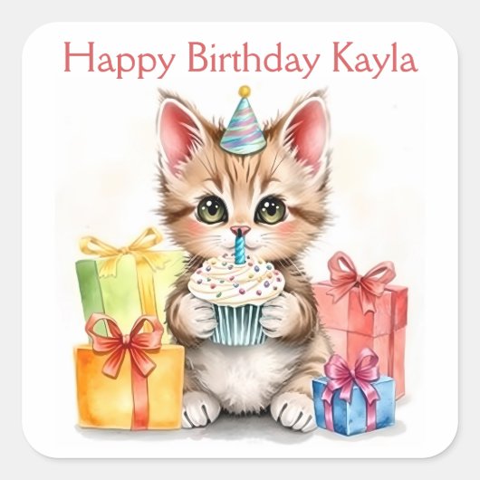 Sweet Birthday Kitten Kleurrijk Gepersonaliseerd Vierkante Sticker (Voorkant)