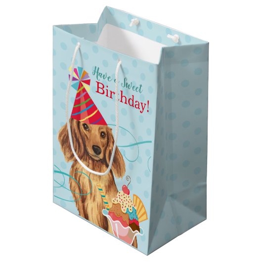 Sweet Birthday Longhaire Dachshund Medium Cadeauzakje (Voorkant Gekanteld)