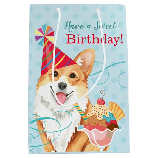 Sweet Birthday Pembroke Welsh Corgi Medium Cadeauzakje (Voorkant)