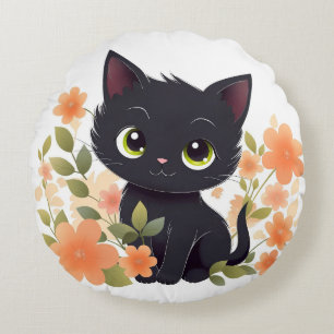 Sweet Black Kitten met Flowers Kawaii Chibi Rond Kussen