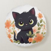 Sweet Black Kitten met Flowers Kawaii Chibi Rond Kussen (Achterkant)