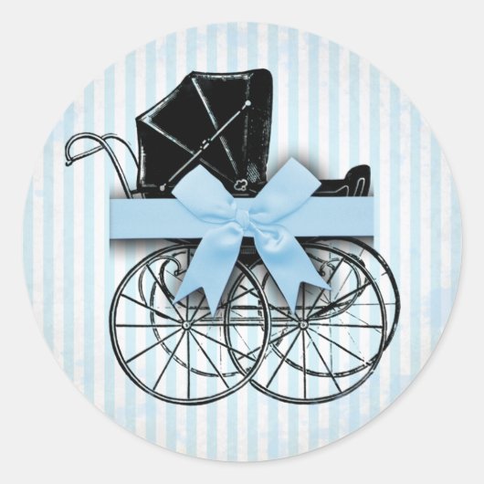 Sweet Blue  Baby Carriage Pram and Bow Ronde Sticker (Voorkant)