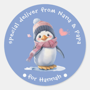 Sweet Blue Baby Penguin Christmas Label voor kinde