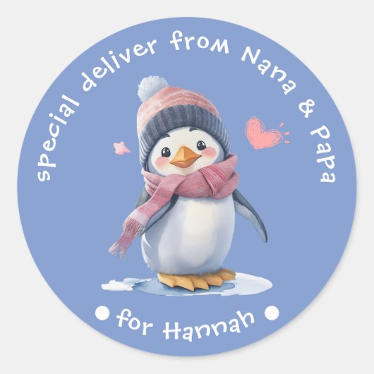 Sweet Blue Baby Penguin Christmas Label voor kinde (Voorkant)