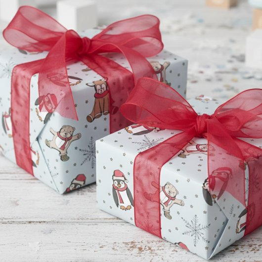 Sweet Blue Baby's Eerste Kerstwinter Dieren Cadeaupapier