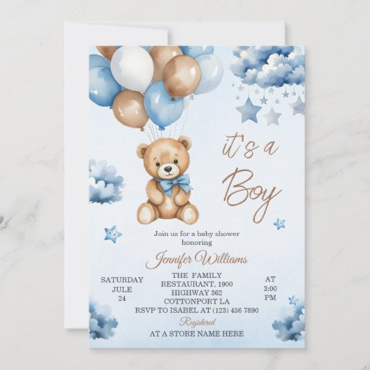 Sweet Blue Balloon Teddy Baby Boy Shower Kaart (Voorkant)