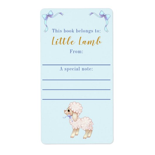 Sweet Blue Bow Boy Lamb Baby shower Bookplaat Etiket (Voorkant)
