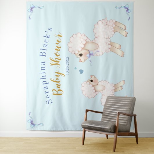 Sweet Blue Boy Lamb Baby shower Backdrop Wandkleed (In situ)