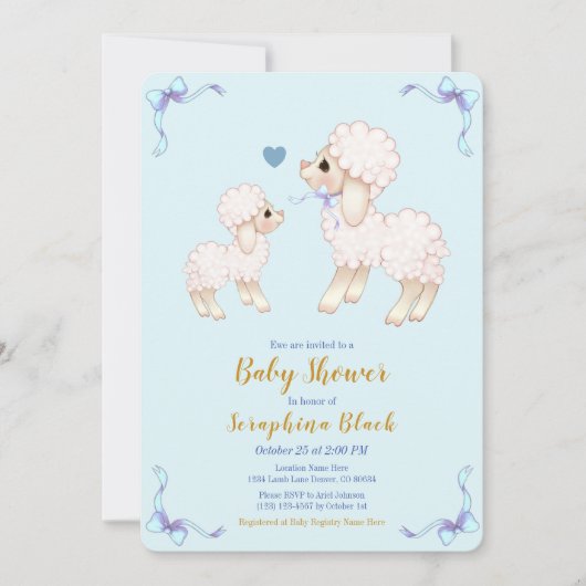 Sweet Blue Boy Lamb Baby shower Invitation Kaart (Voorkant)