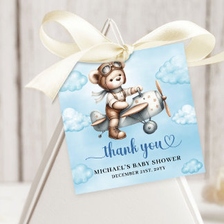 Sweet Blue Brown Teddy Bear Pilot Boy Shower Bedankjes Labels