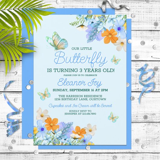Sweet Blue Butterfly Theme Verjaardagsfeestje voor Kaart