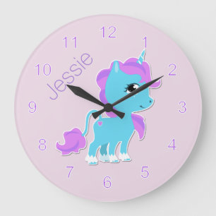 Sweet Blue Cartoon Unicorn Custom Wall Clock Grote Klok