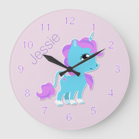 Sweet Blue Cartoon Unicorn Custom Wall Clock Grote Klok (Voorkant)