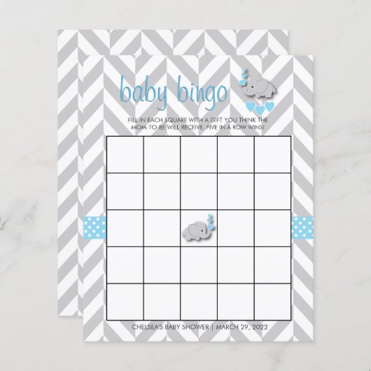 Sweet Blue en Grey Elephant Baby shower Bingo (Voorkant / Achterkant)