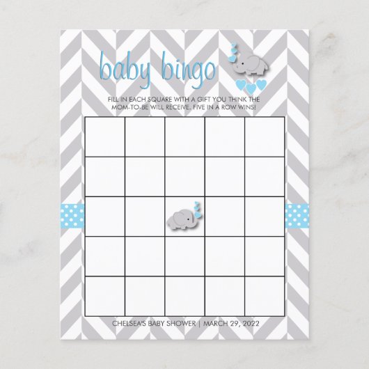 Sweet Blue en Grey Elephant Baby shower Bingo (Voorkant)