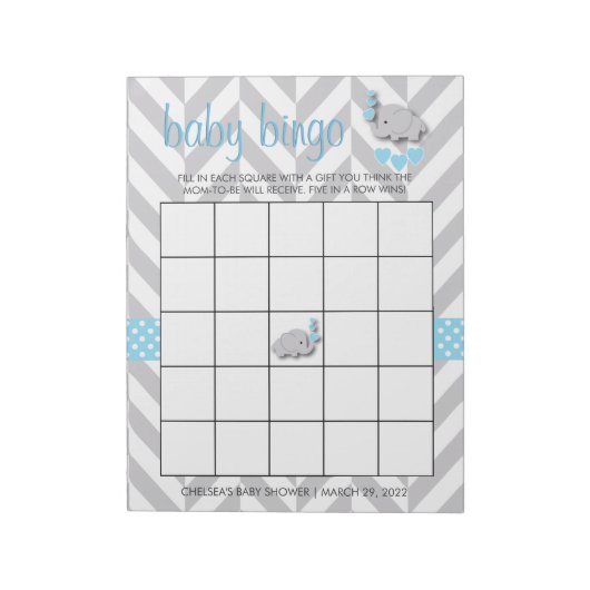 Sweet Blue en Grey Elephant Baby shower Bingo Notitieblok (Linkerzijde)