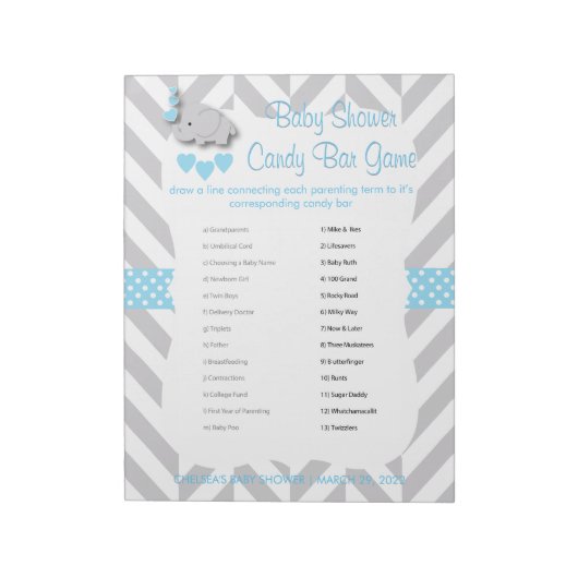 Sweet Blue en Grey Elephant Baby shower - Game Notitieblok (Linkerzijde)
