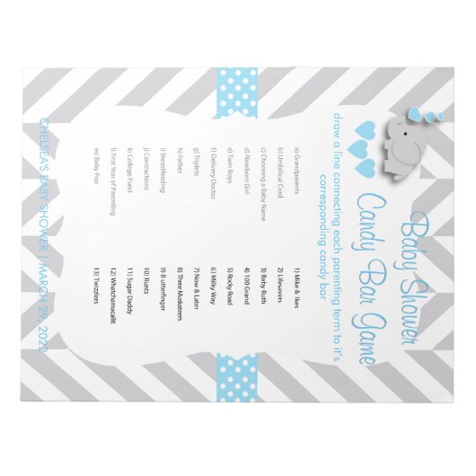 Sweet Blue en Grey Elephant Baby shower - Game Notitieblok (Voorkant)