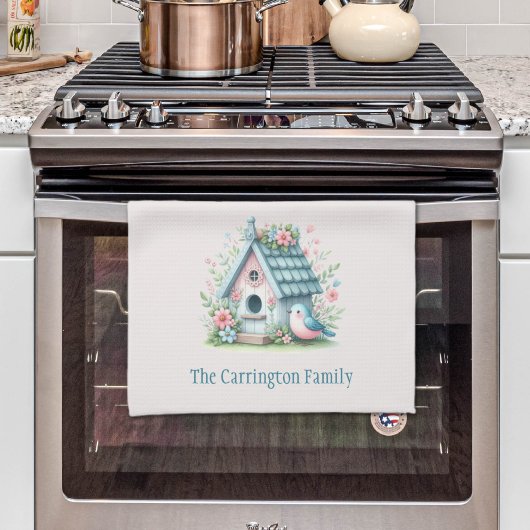 Sweet Blue en Pink Birdhouse gepersonaliseerd Theedoek