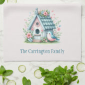 Sweet Blue en Pink Birdhouse gepersonaliseerd Theedoek (Gevouwen)