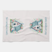 Sweet Blue en Pink Birdhouse gepersonaliseerd Theedoek (Horizontaal)