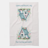 Sweet Blue en Pink Birdhouse gepersonaliseerd Theedoek (Verticaal)