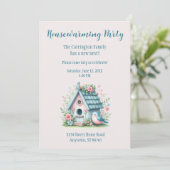 Sweet Blue en Pink Birdhouse Housewarming Party Kaart (Staand voorkant)