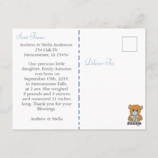 Sweet Blue en White Geboorteaankondiging Briefkaart (Achterkant)
