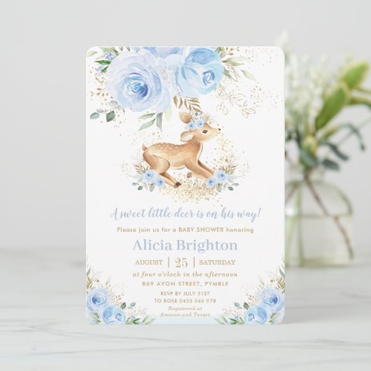 Sweet Blue Floral Baby Herten Fawn Boy Baby shower Kaart (Staand voorkant)