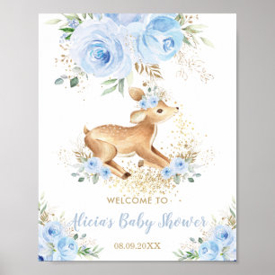 Sweet Blue Floral Baby Herten Fawn Boy Baby shower Poster