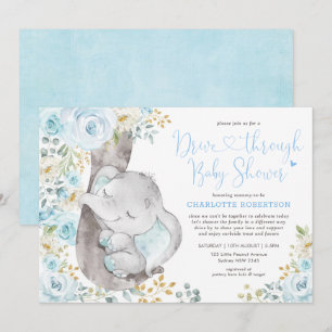 Sweet Blue Floral Elephant drive by Baby shower Kaart