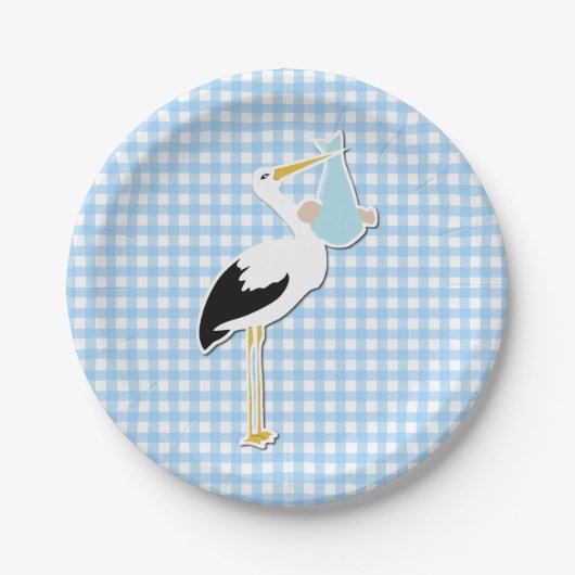 Sweet Blue Gingham en Stork Baby shower Bord (Voorkant)