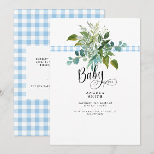 Sweet Blue Gingham Foliage Baby shower Uitnodiging