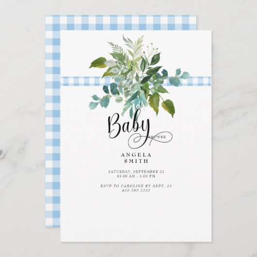 Sweet Blue Gingham Foliage Baby shower Uitnodiging (Voorkant / Achterkant)