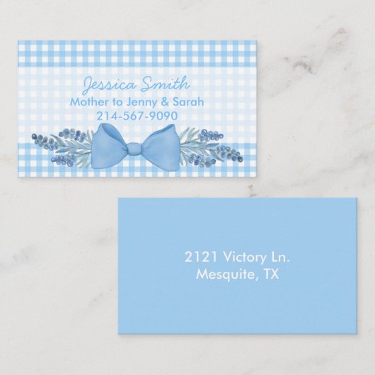 Sweet Blue Gingham met Flowers en Bow mama Contactkaartje (Voorkant / Achterkant)