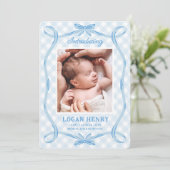 Sweet Blue Gingham Ribbon Bow Geboorteaankondiging Kaart (Staand voorkant)