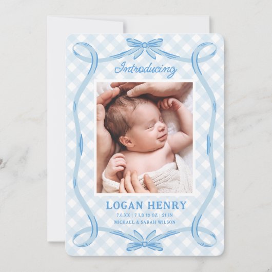 Sweet Blue Gingham Ribbon Bow Geboorteaankondiging Kaart (Voorkant)