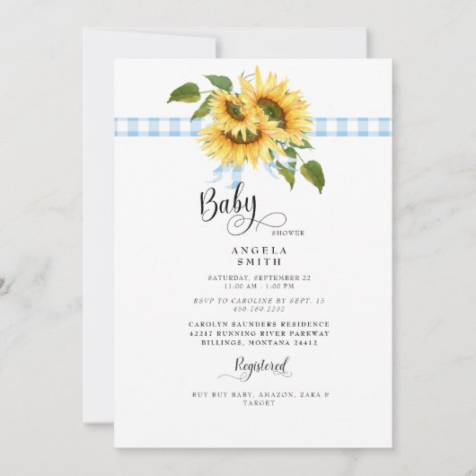 Sweet Blue Gingham Sunflower Baby shower II Kaart (Voorkant)