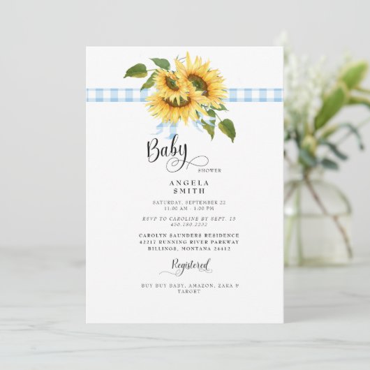 Sweet Blue Gingham Sunflower Baby shower II Kaart (Staand voorkant)