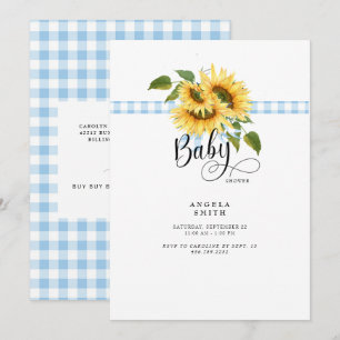 Sweet Blue Gingham Sunflower Baby shower Kaart