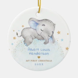 Sweet Blue Gold Elephant Baby 1e Kerstmis Keramisch Ornament
